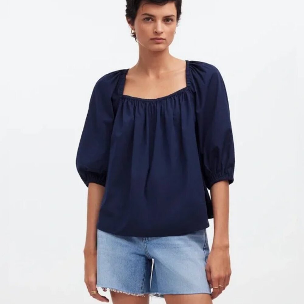 Madewell Puff Sleeve Navy Blue Cuffed Hem Womens Size 4 NWT Coastal Fall Top